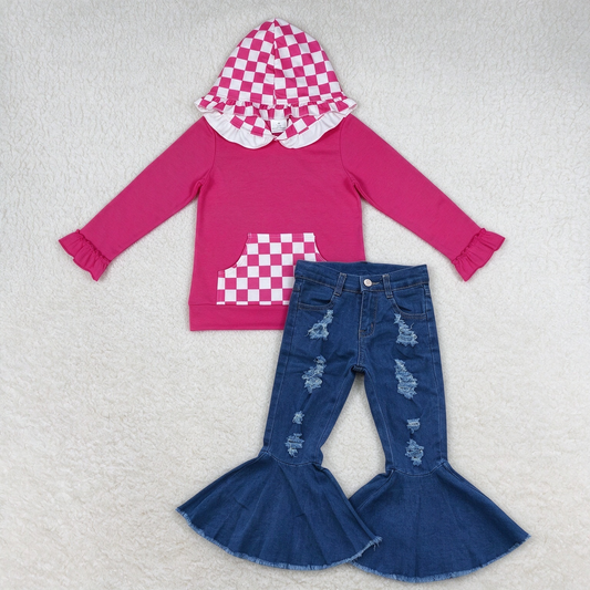 NEW RTS NO MOQ Denim GT1851+ P0133 Baby Girls Hot Pink Checkered Ruffle Hoodie With Pocket Navy Distressed Denim Bell Pants Set