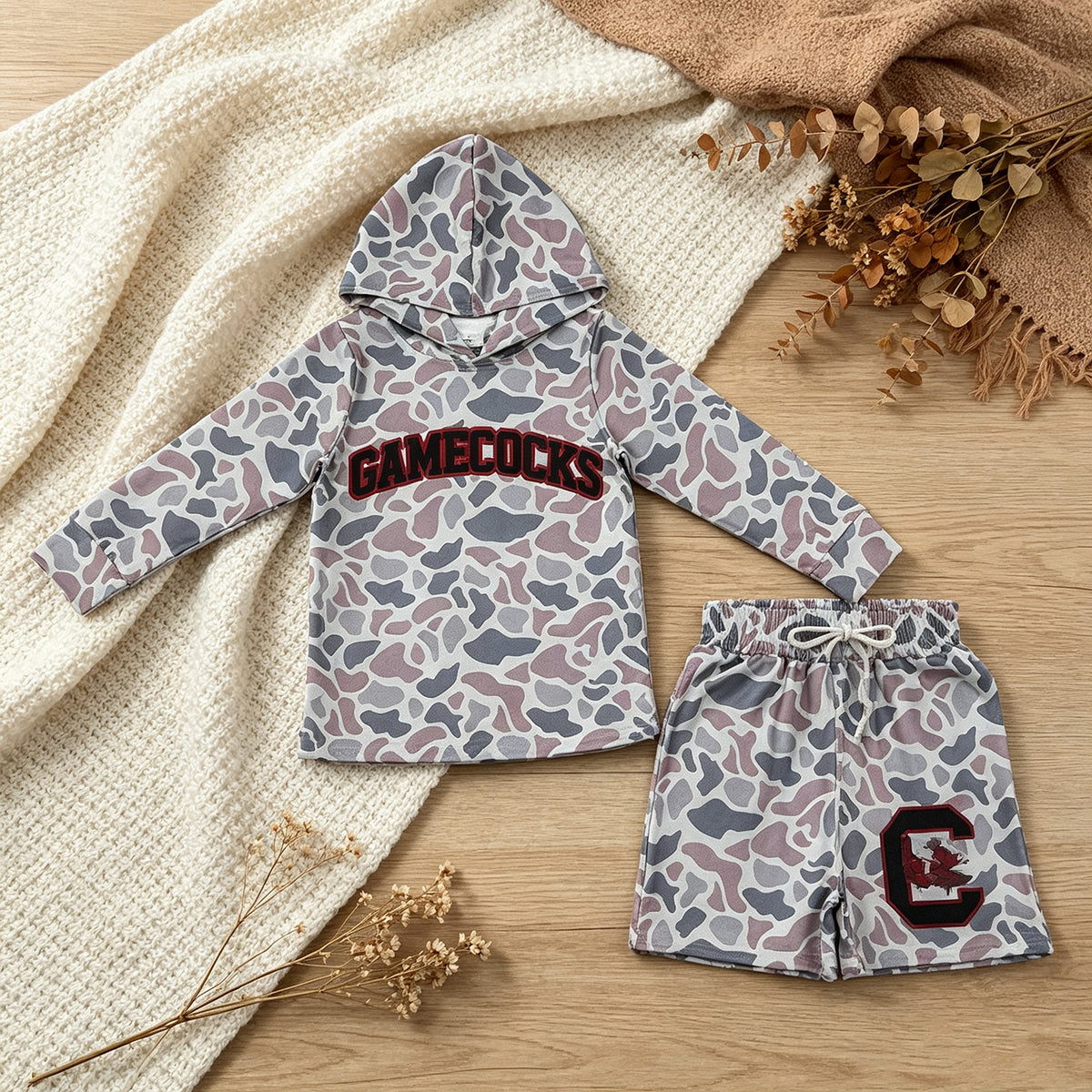 NEW RTS NO MOQ milk silk BLS0048 Baby Boys Grey Camo Letter Print Long Sleeve Hoodie Casual Shorts Team Set