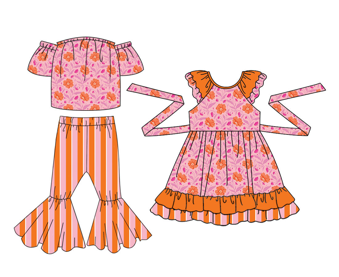 4.14   Custom moq 5 mix size Sibling Baby Girls Flowers Top Bell Bottom Pants Set Knee-Length Dress