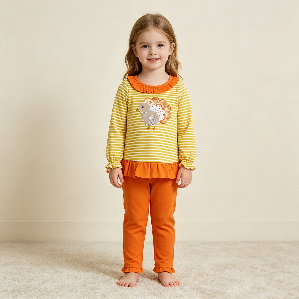 NEW RTS NO MOQ milk silk GLP3493 Embroidery Girls Orange Stripe Turkey Print Tunic Matching Legging Pant Thanksgiving Clothes Set