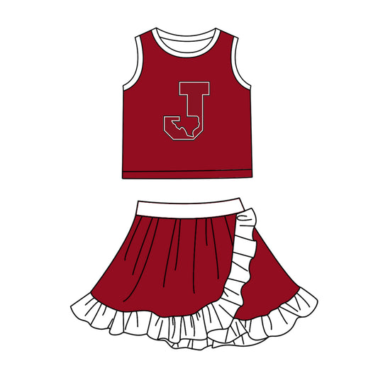 Custom moq 5 mix size milk silk summer teams Baby Girls Red White Vest Scallop Skirt Yoga Set