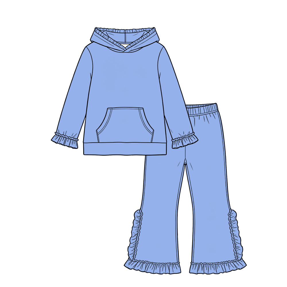 Custom moq 5 girls  Blank Cotton Fabric hooded long-sleeve top and pants set Light blue hooded long-sleeved top and pants set with lace detailing