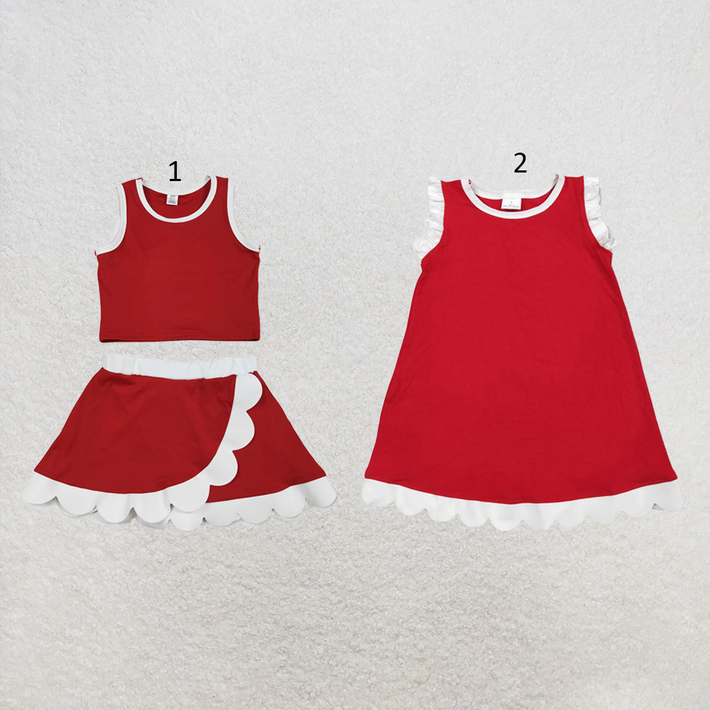 RTS NO MOQ Sibling cotton Baby Girls Red White Sleeveless Vest And Scallop Hem Short Skirt Yoga Set Scallop Knee Length Dresses