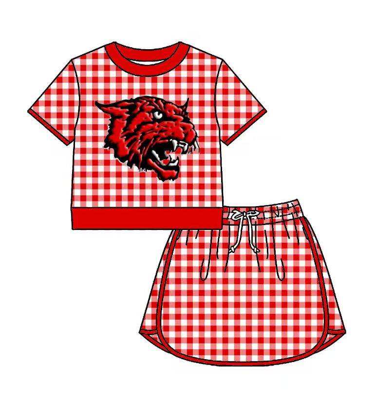 Custom moq 5 mix size milk silk summer teams Baby Girls Red Plaid Short Sleeve Top Skirt Two Piece Set