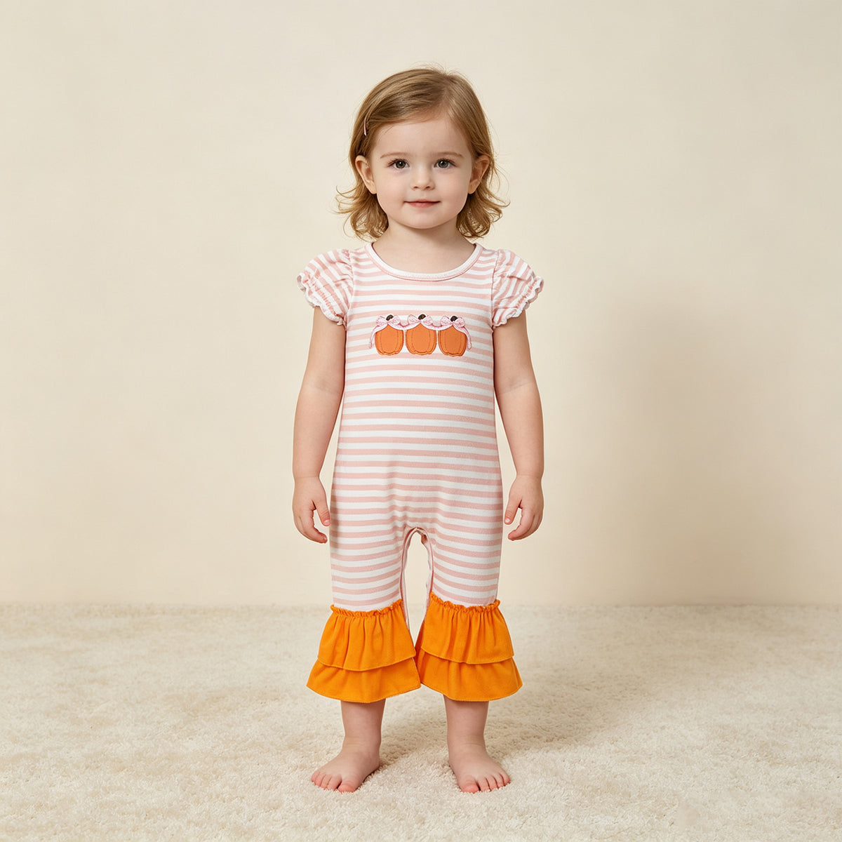 NEW RTS NO MOQ milk silk SR4284 Embroidery Baby Girls Short Sleeve Bow Pumpkin Print Ruffle Romper
