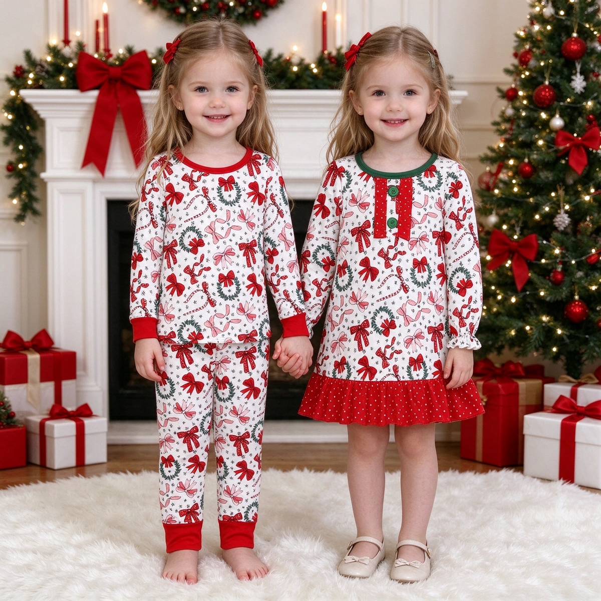 Baby Girls Christmas Bow Wreath Collection - Red Trim PJ Set & Polka Dot Ruffle Dress