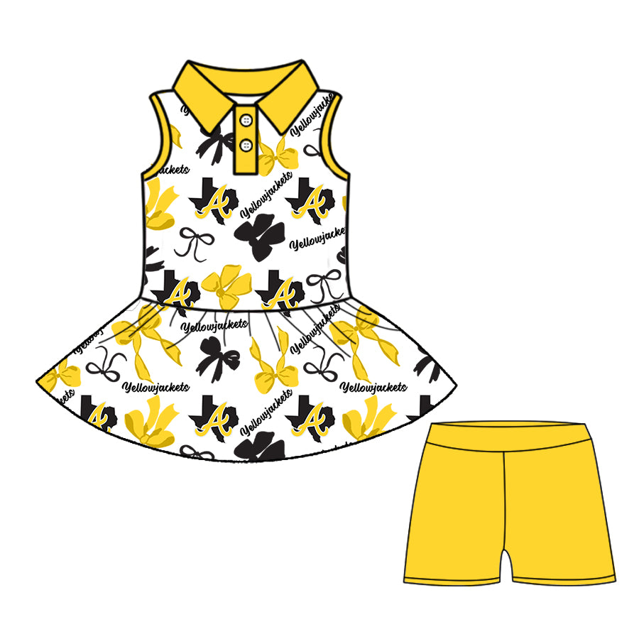 Custom moq 5 mix size milk silk summer teams baby girls clothes bow yellow hooded long sleeve pants sets and shorts sets and dress and top and pant-25.8.11