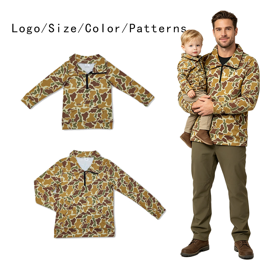 RTS NO MOQ Sibling milk silk Adult To Match Kids Dark Khaki Camo Quarter Zip Long Sleeve Pullover Top
