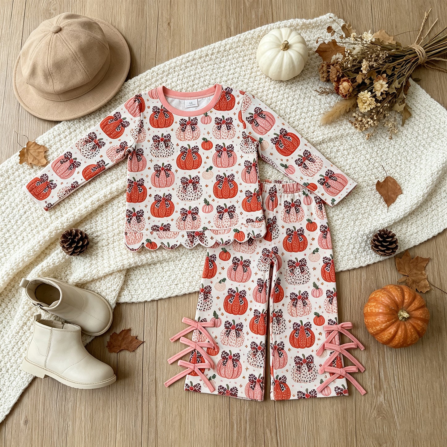 NEW RTS NO MOQ milk silk GLP3435 Baby Girls Leopard Bows Pumpkins Scallop Top Bows Pants Fall  Set