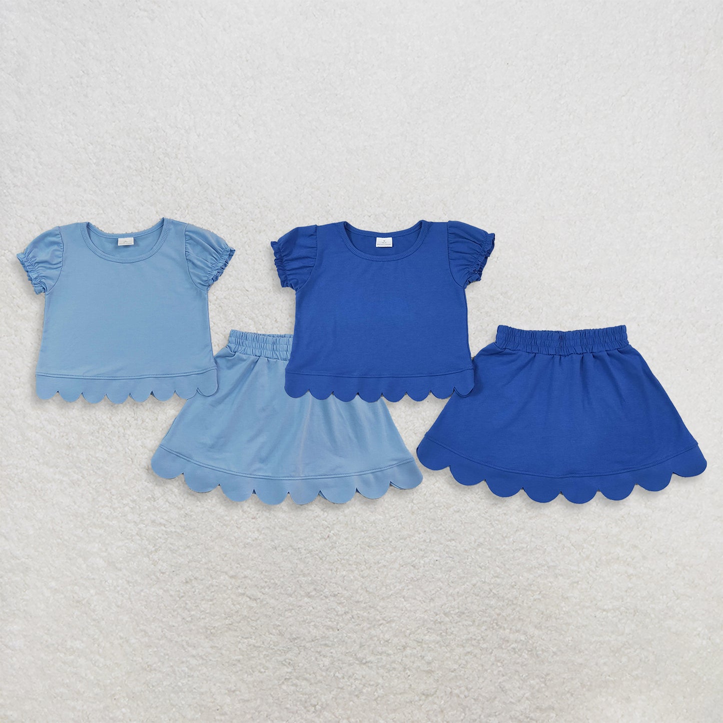 RTS NO MOQ Sibling cotton Baby Girls Blue Print Short Ruffle Sleeve Top Matching Scallop Skort Two Piece Clothes Set