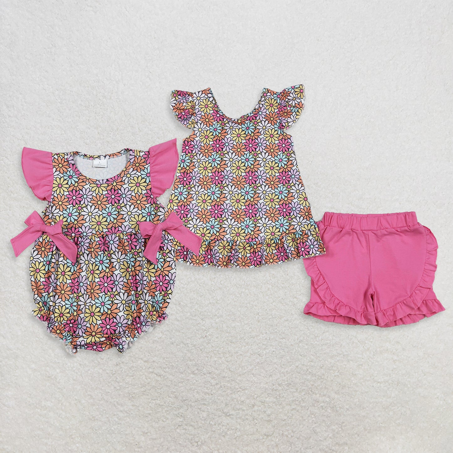 RTS NO MOQ Sibling Baby Girls Colorful Daisy Print Back Bow Tunic Ruffle Shorts Set Ruffle Rompers