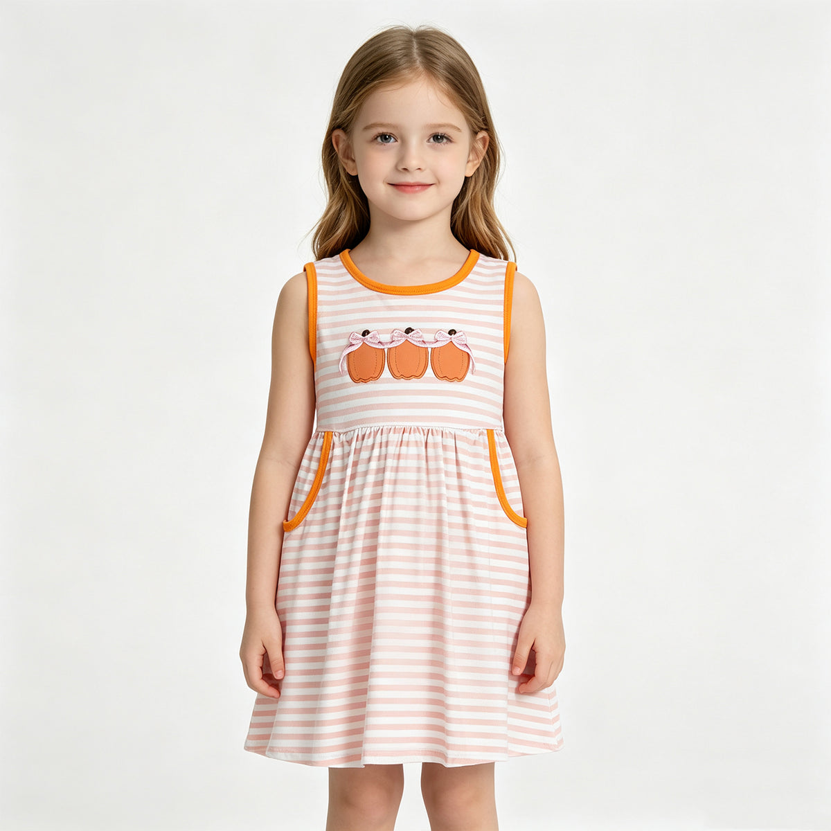 NEW RTS NO MOQ milk silk GSD4265 Embroidery Baby Girls Bow Pumpkin Print Stripe Pocket Sleeveless Knee Length Dress