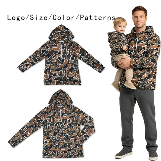 RTS NO MOQ Sibling milk silk Adult To Match Kids Dark Brown Camo Long Sleeve Zip Pocket Hoodies Tops