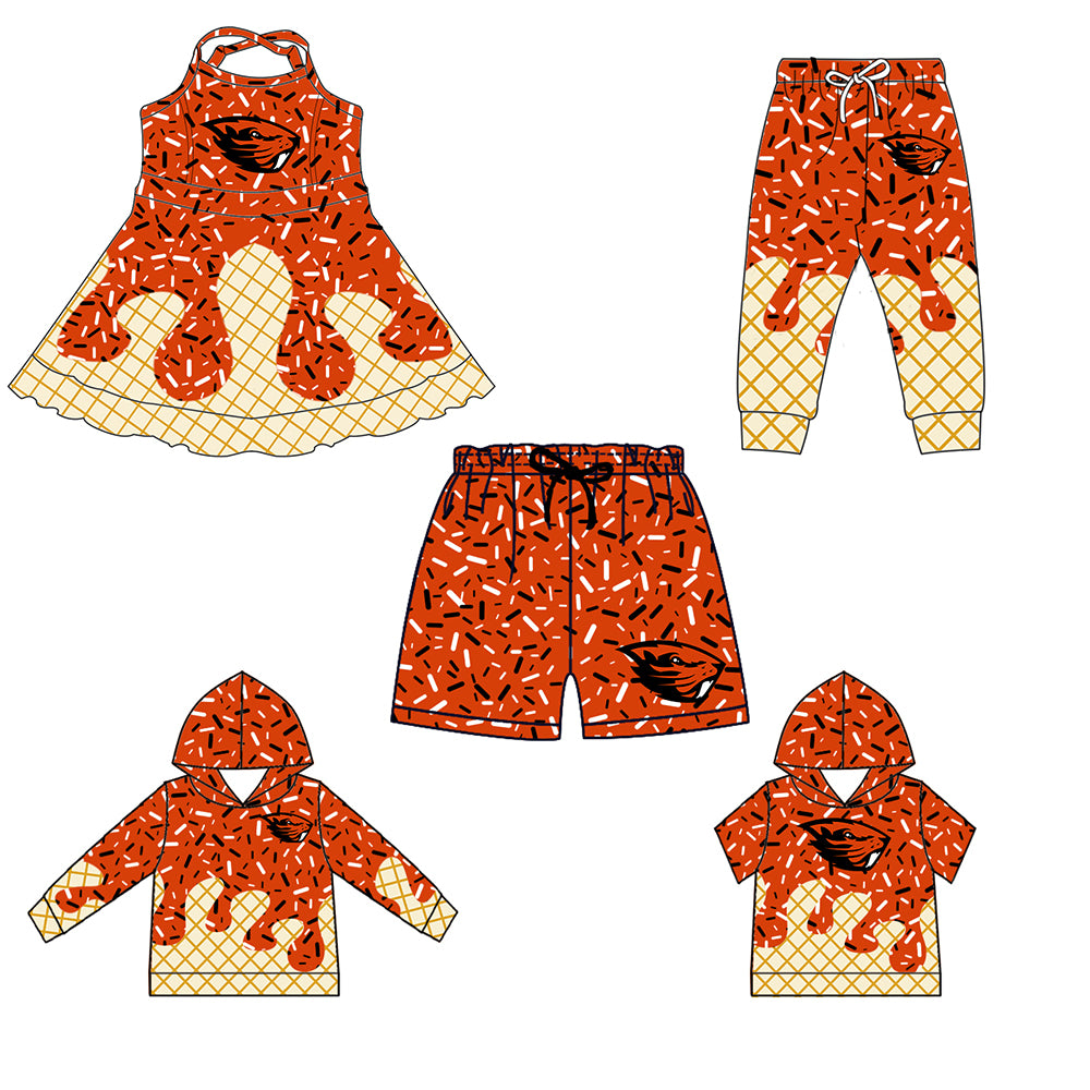 Custom summer teams baby girls clothes team red and orange hooded long sleeve tops and short sleeve top and dress and pants and shorts-25.6.3