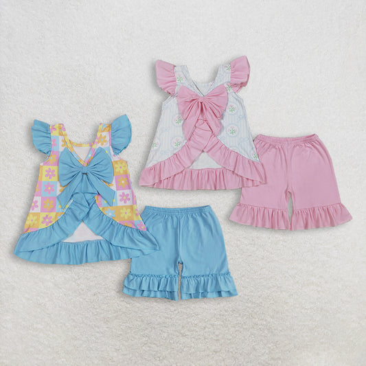 RTS Sibling baby girl clothes floral plaid Short Sleeve Shorts sets