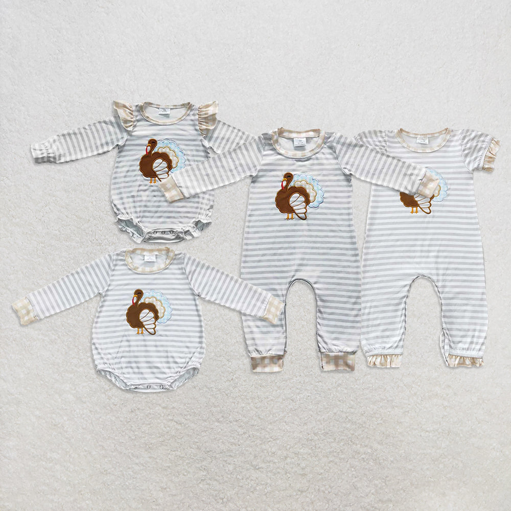 RTS NO MOQ Sibling Baby girls boy clothes Embroidery thanksgiving turkey long-sleeved rompers