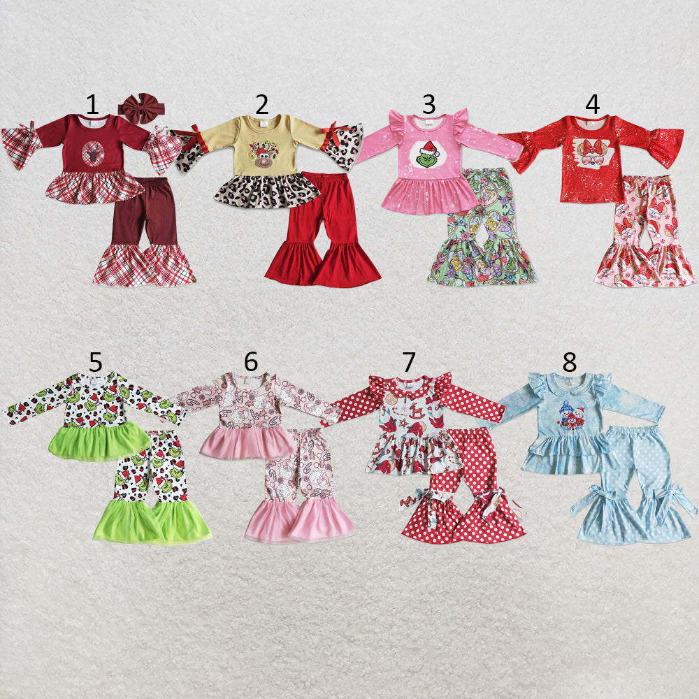 RTS NO MOQ Sibling milk silk Baby Girls Christmas Long Sleeve Top Bell Pants Cute Holiday Clothes Set