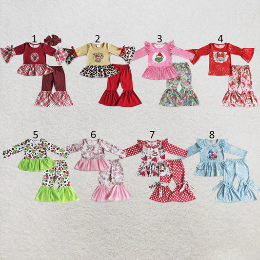 RTS NO MOQ Sibling milk silk Baby Girls Christmas Long Sleeve Top Bell Pants Cute Holiday Clothes Set