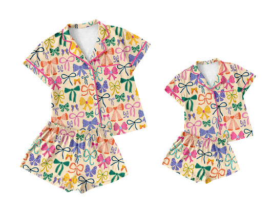 3.19 custom each style moq 5eta 4-6week Sibling Sister bow short sleeve shorts sets and adult sets match design