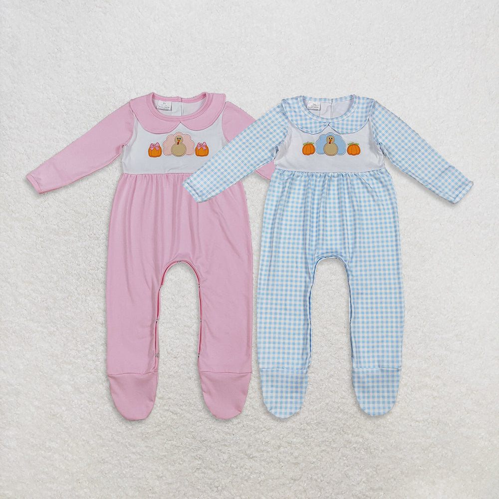 RTS NO MOQ Sibling Baby girls boy clothes embroidery halloween pumpkin turkey long sleeve rompers