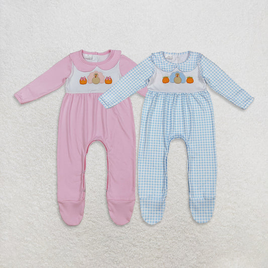 RTS NO MOQ Sibling Baby girls boy clothes embroidery halloween pumpkin turkey long sleeve rompers