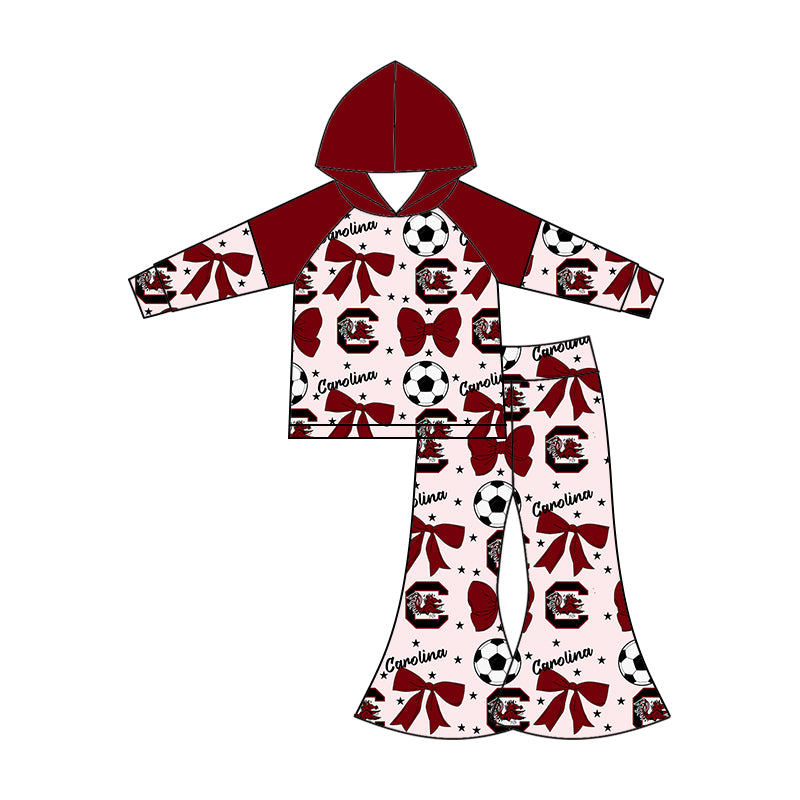 Custom moq 5 each style summer teams baby girls clothes team bow brick red long sleeve hooded pants sets and dress 1 and dress 2 and romper-25.6.14