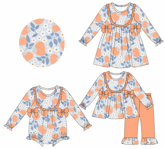 25.7.14 custom each style moq 5eta 4-6week Sibling Sisters pumpkin floral baby girl long sleeve pants sets and dress and rompers match family design