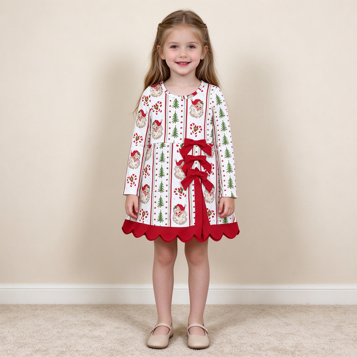 NEW RTS NO MOQ yoga fabric GLD1650 Baby Girls Santa Candy Cane Bows Scallop Hem Christmas Yoga Active Short Dress