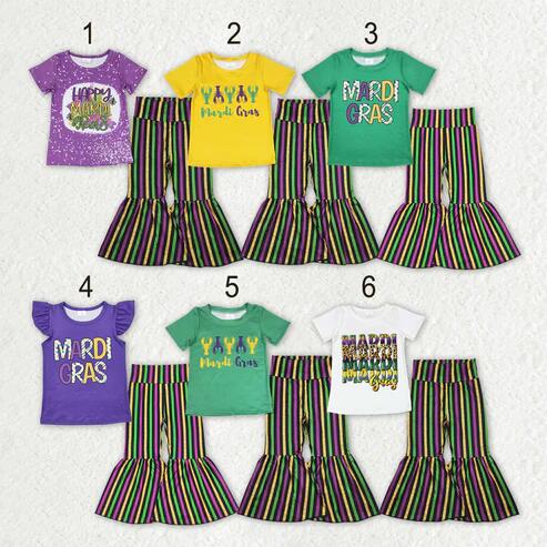 RTS NO MOQ Sibling Baby Girls Mardi Gras Top And Bell Bottom Stripe Pants for Infants