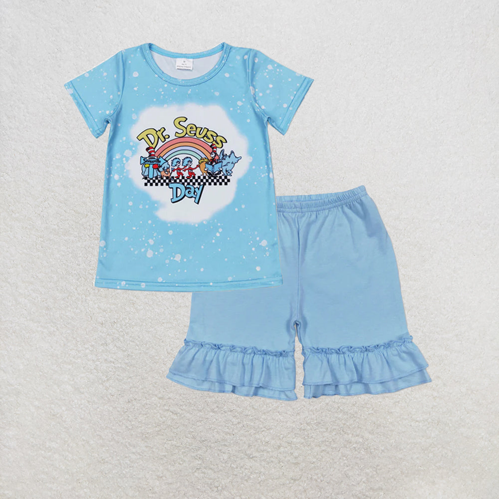 RTS NO MOQ milk silk GT0365+SS0183 Baby Girls Dr Reading Short Sleeve Blue Tee Shirts Double Ruffle Shorts Set