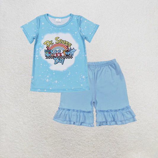 RTS NO MOQ milk silk GT0365+SS0183 Baby Girls Dr Reading Short Sleeve Blue Tee Shirts Double Ruffle Shorts Set