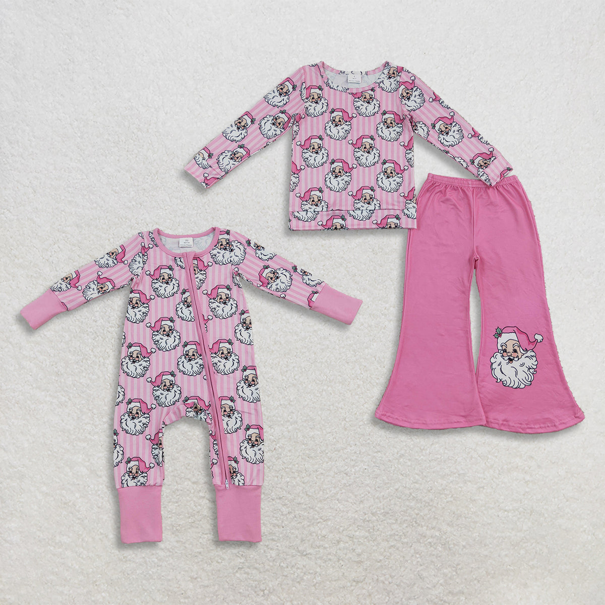 RTS NO MOQ Sibling milk silk Baby Girls Pink Stripe Santa Print Long Sleeve Pant Set And Baby Zipper Romper