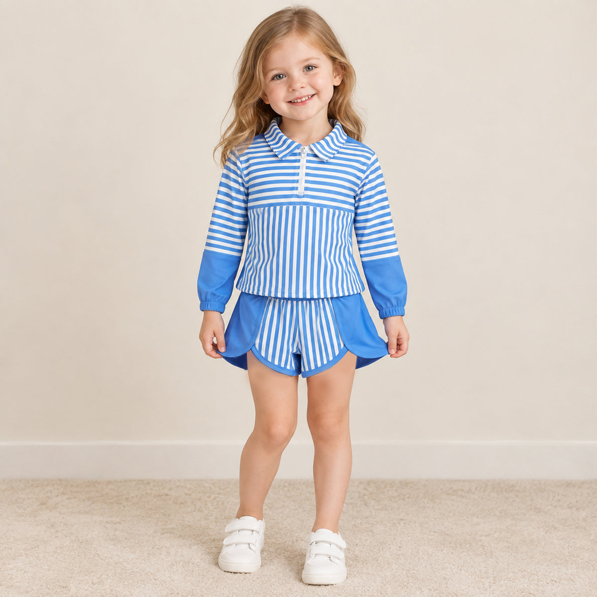 NEW RTS NO MOQ yoga fabric GLS0107(GT1716+SS0950) Baby Girls Hot Blue Stripe Zip Pullovers Shorts Yoga Sets