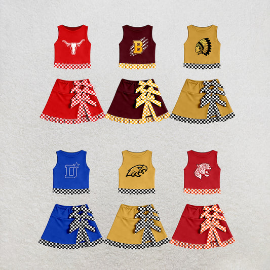 custom moq 5 mix size MSD070704 Baby Girls Summer Vest Checked Bow Scallop Edge Skort Yoga Active Clothes Set
