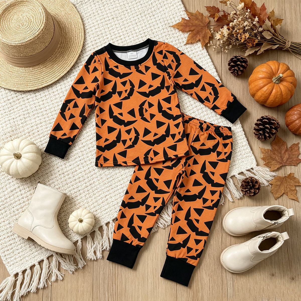 NEW RTS NO MOQ milk silk BLP1549 Baby Boys Ghost Pumpkins Print Long Sleeve Top Pant Halloween Pajamas Set