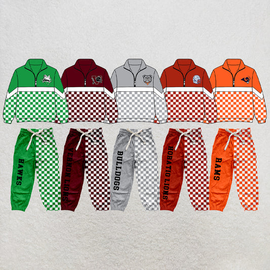 custom moq 5 mix size XY072004 Baby Kids Checked Patchwork Zipper Long Sleeve Pullover Top Pants Casual Team Clothes Set