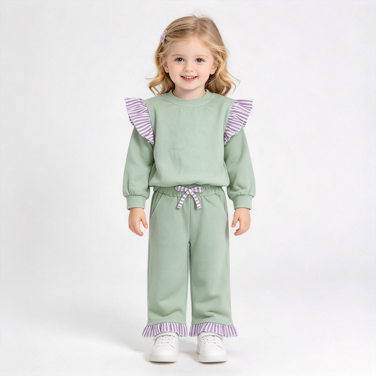 RTS NO MOQ Sibling cotton Baby Girls Light Green Long Sleeve Top With Striped Ruffle And Matching Shorts Or Pants Set
