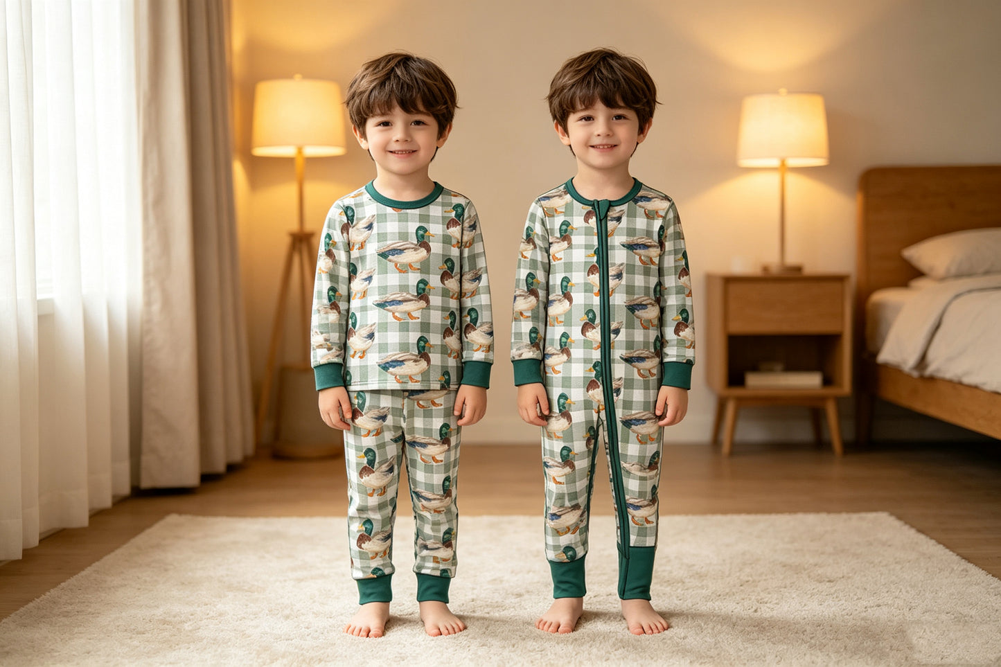 (Preorder new) No moq Baby Boys Green Checked Ducks Long Sleeve Matching Pajamas Set Romper Blankets