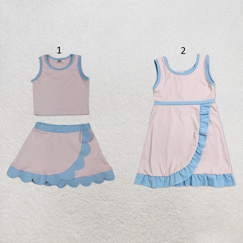 RTS NO MOQ Sibling cotton Baby Girls Light Pink Sleeveless Vest Scallop Skirt Yoga Active Set Short Knee Length Dress