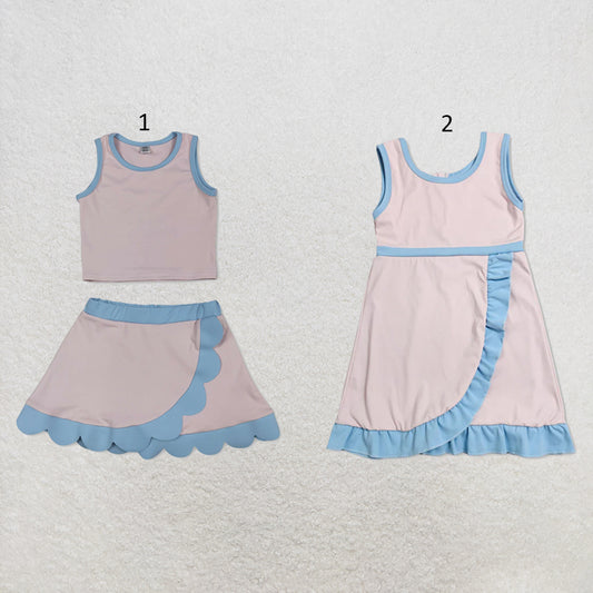 RTS NO MOQ Sibling yoga fabric cotton Baby Girls Light Pink Sleeveless Vest Scallop Skirt Yoga Active Set Short Knee Length Dress