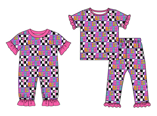 25.10.1 custom each style moq 8 eta 6-8week Sibling Sisters HE IS RISEN baby girl clothes short sleeve pants sets and romper match family design