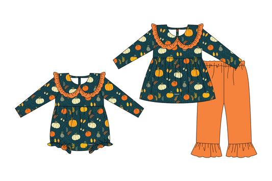 25.7.25 custom each style moq 5eta 4-6week Sibling Sister pumpkin baby girl long sleeve pants sets and rompers match family design