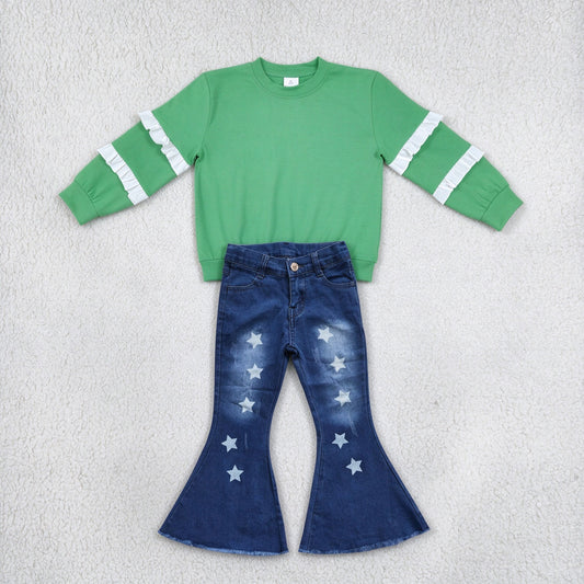 NEW RTS NO MOQ Denim GT1858+ P0127 Baby Girls Green White Patchwork Long Sleeve T-shirts Top Stars Denim Bell Pants Sets