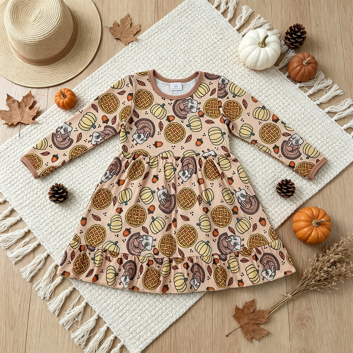 NEW RTS NO MOQ milk silk GLD1691 Baby Girls Pumpkins Turkey Thanksgivings Ruffle Knee Length Cute Dress