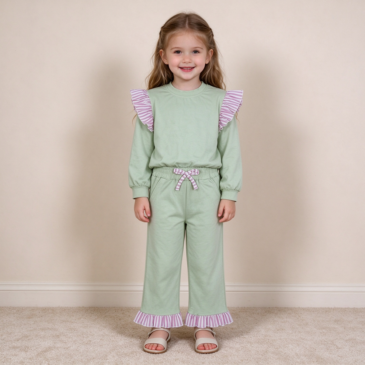 NEW RTS NO MOQ cotton GLP3700（GT1847+P1156）Baby Girls Light Green Stripe Flutter Sleeve Top Pockets Ruffle Pant Set