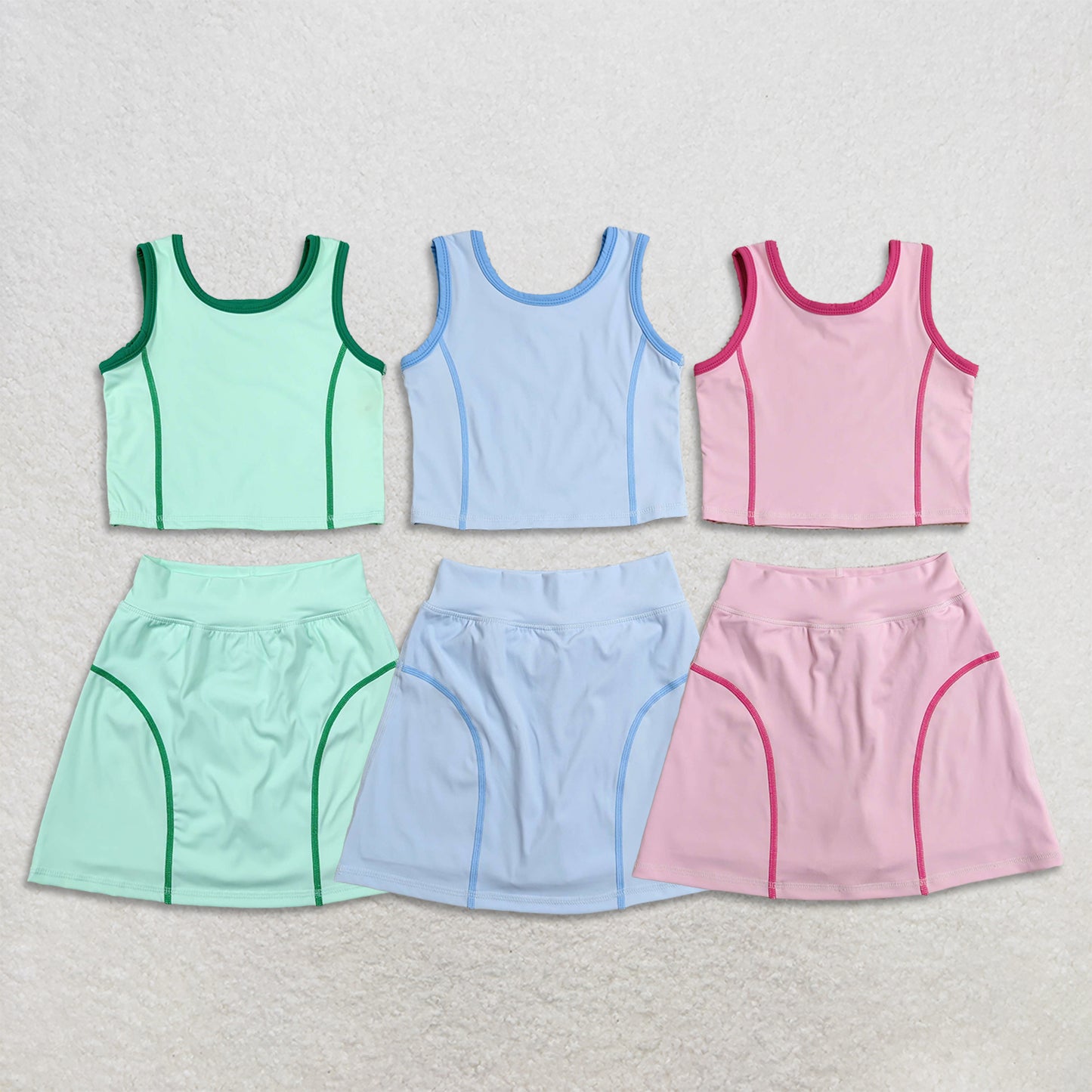 RTS NO MOQ Sibling yoga fabric cotton Baby Girls Solid Sleeveless Vest Skirt Shorts Sports Yoga Outfits