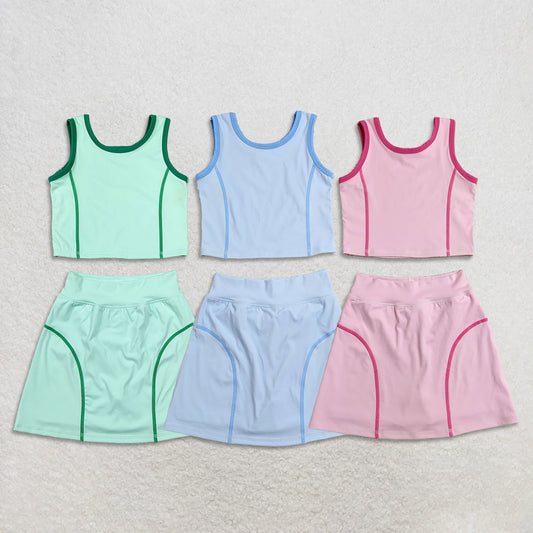 RTS NO MOQ Sibling yoga fabric cotton Baby Girls Solid Sleeveless Vest Skirt Shorts Sports Yoga Outfits