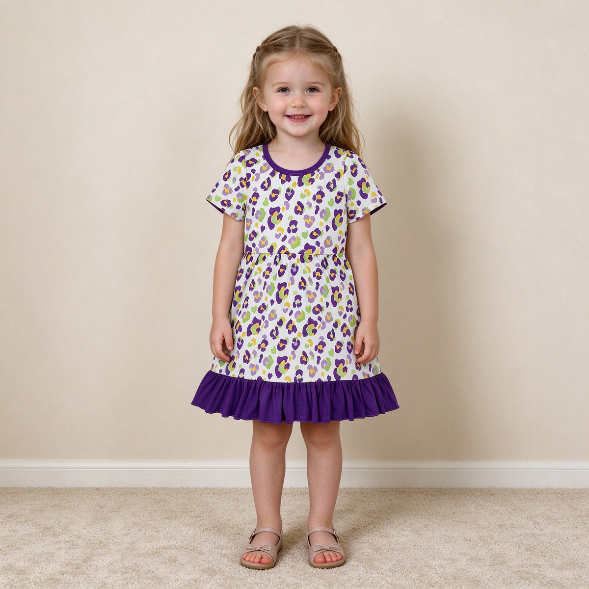 NEW RTS NO MOQ milk silk GSD4321 Baby Girls Leopard Print Short Sleeve Ruffle Knee Length Holiday Dress