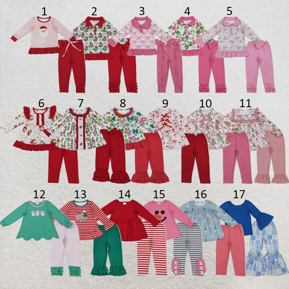 RTS NO MOQ Sibling milk silk Baby Girls Long Sleeve Christmas Tree Print Tunic Top And Ruffle Hem Pants Christmas Clothes Set
