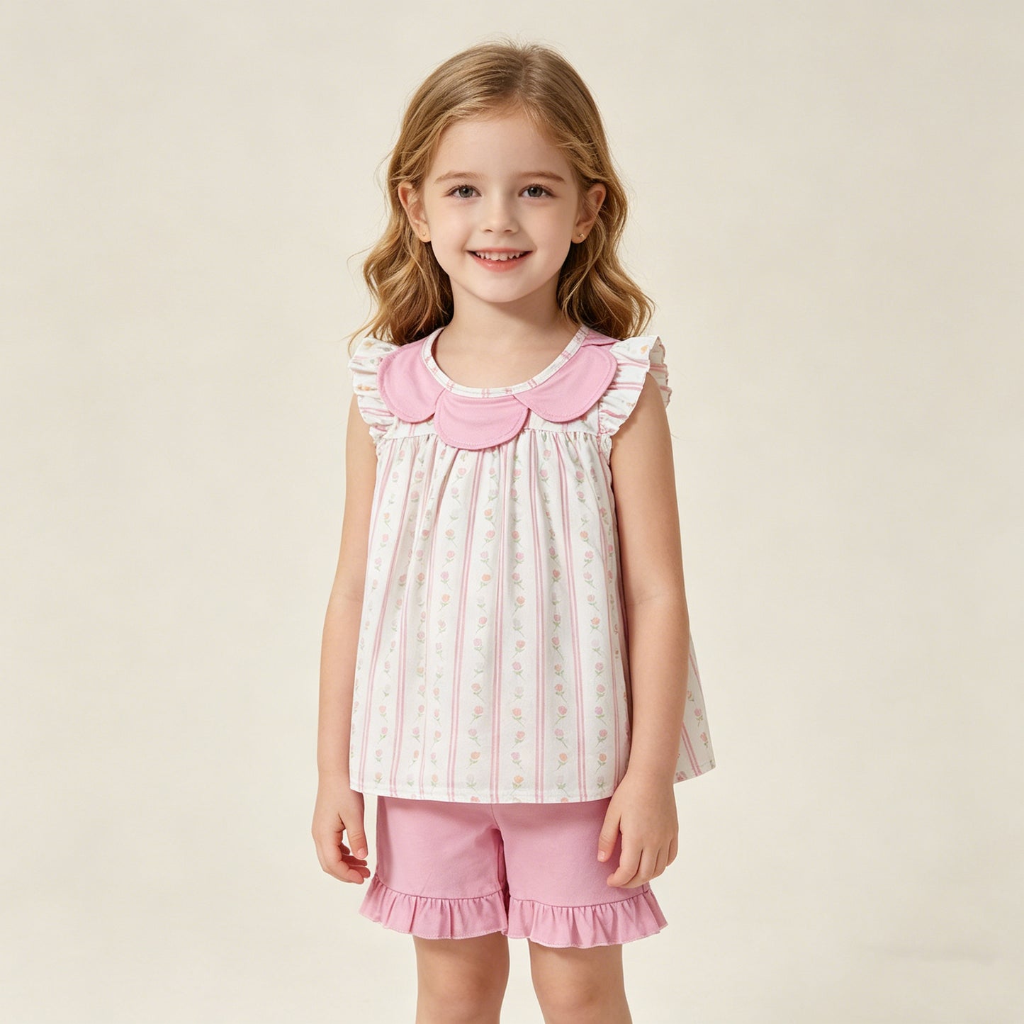 RTS NO MOQ GSSO3363 Baby Girls Pink Flowers And Stripe Collar Tunic with Ruffle Shorts Outfit Set Cute Infant Clothing
